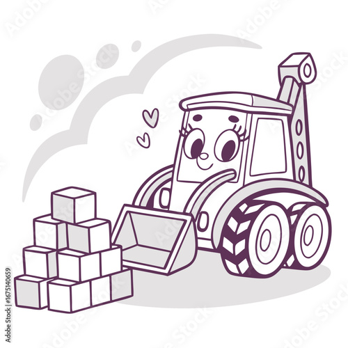 Cartoon Backhoe Loader with Smiling Face and Stacked Cubes Illustration.