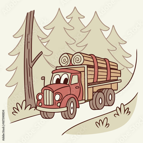 Cartoon red truck carrying logs through a forest.