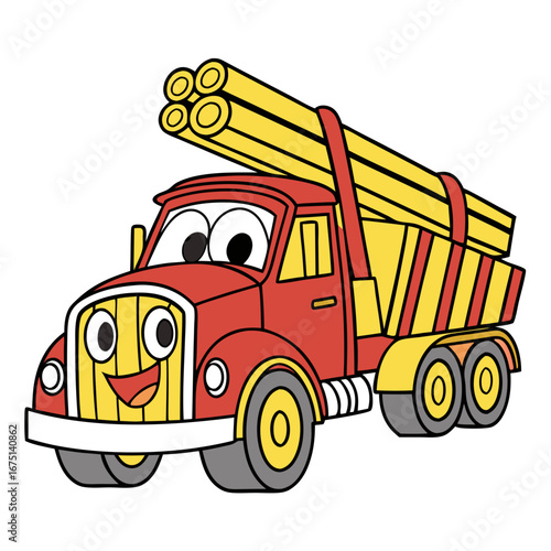 Cartoon Red Truck with Pipes and a Happy Face.