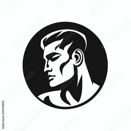 Bold strong man artwork inside circle graphic portrait silhouette