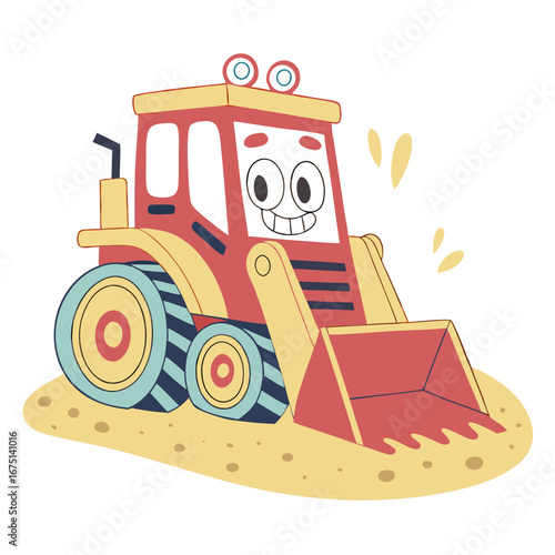 Cheerful Cartoon Bulldozer with Smiling Face Red and Yellow Colors.