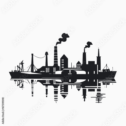Industrial factory with ship illustration and mirrored reflection in vector silhouette