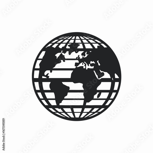 Bold monochrome earth globe highlighting continents in simplistic linear stylized silhouette