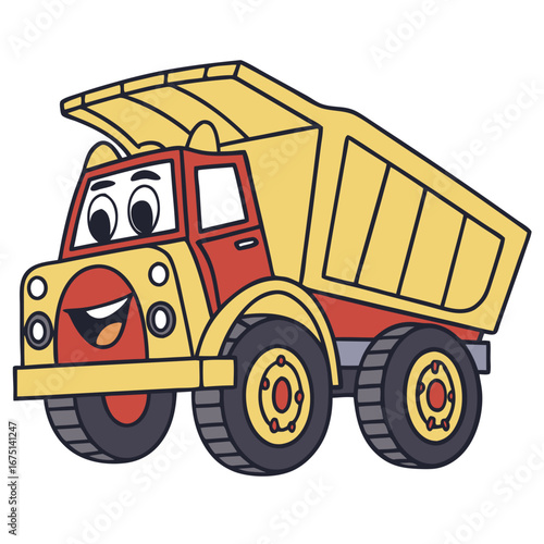 Cheerful yellow and red cartoon dump truck character with big expressive eyes and a wide friendly smile.