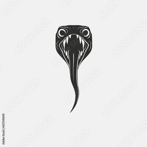 Striking cobra vector showing its fangs and tongue, monochrome silhouette