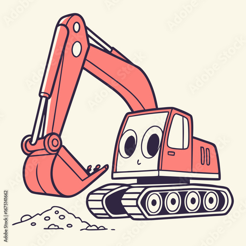 Cute Pink Cartoon Excavator with Friendly Face and Large Digging Arm Illustration.