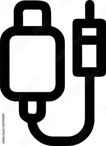 Monochrome icon depicting a technological audio connection, showing an adapter cable linking a digital port to an analog sound plug