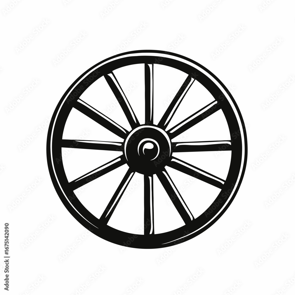 Fototapeta premium Old wagon wheel with spokes in vintage style dark silhouette