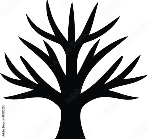 Silhouette of a bare tree with jagged branches symbolizing winter or autumn in a stark graphic style