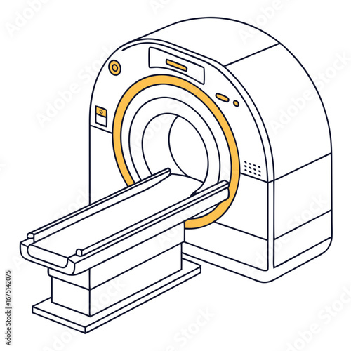Isometric CT Scanner Illustration with Yellow Accents and Examination Table.