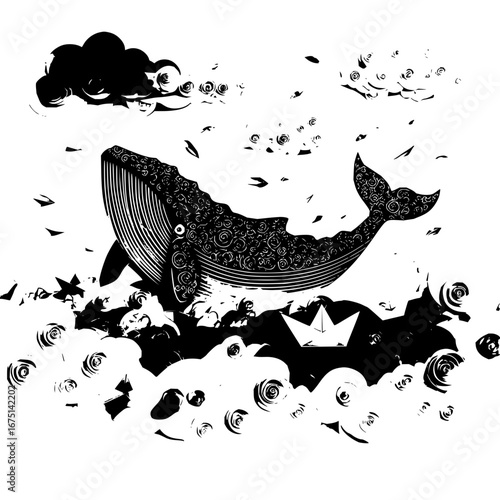 Whale in the sky vector art illustration with clouds and paper boat for digital design and print media use