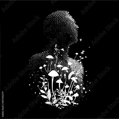 Mushroom art print black and white halftone human silhouette botanical illustration nature design poster 100