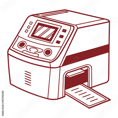 Maroon Outline of a Modern Office Printer with Paper Output.