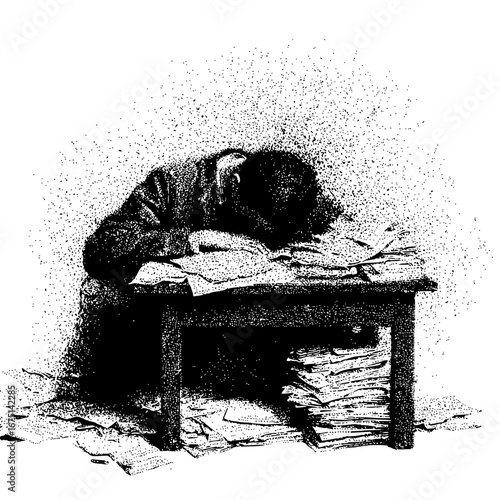 Illustration of burnout overworked man sleeping on desk with papers stress and fatigue design concept art