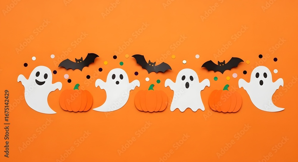 Obraz premium Halloween flat lay with ghosts, pumpkins, and bats on an orange background, perfect for spooky designs and adding a festive touch to your projects