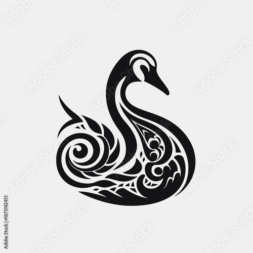 Ornamental black swan bird illustration on bright background shows artistic silhouette