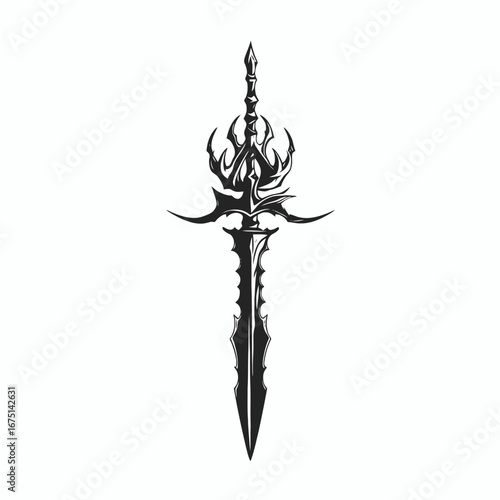 Intricate fantasy sword design standing vertically, a gothic black weapon silhouette