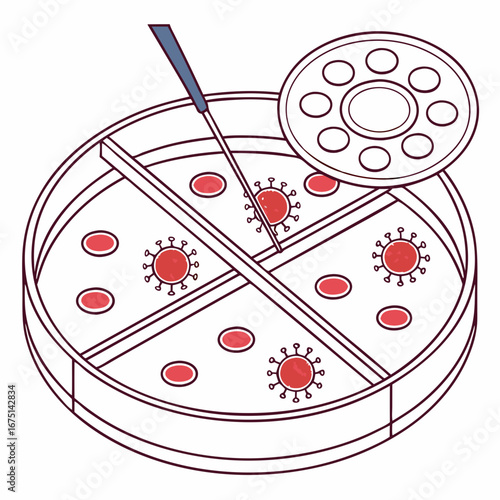 Stylized line art of a quadrant petri dish with red virus cells and an inoculation loop for scientific research.