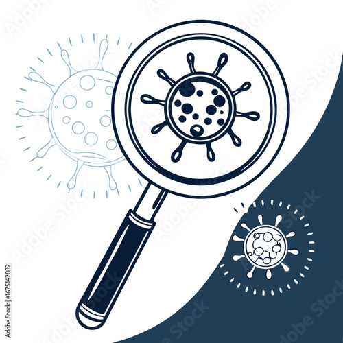 Stylized magnifying glass examining a detailed virus cell with spike proteins.