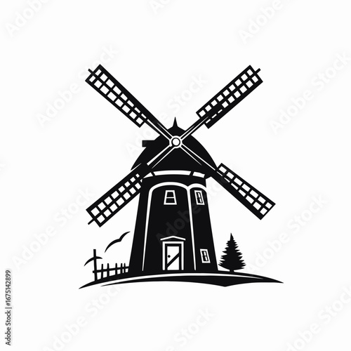 Vintage windmill vector drawing with idyllic scenery as a silhouette