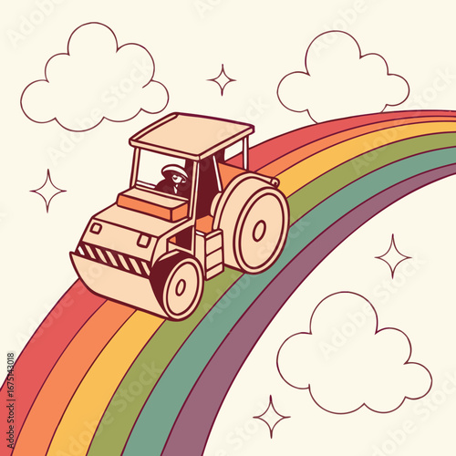 Whimsical Steamroller Driving on a Vibrant Rainbow Path.