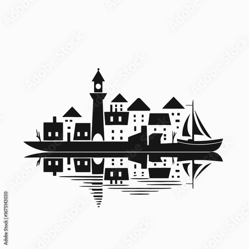 Black harbor town reflecting with boat and houses vector illustration silhouette