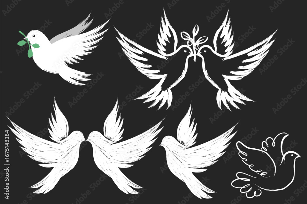 Obraz premium White Dove Peace Vector in Brush Ink Style, Hand Drawn Bird Illustration Symbolizing Freedom, Hope, Harmony, and Love for International Peace Day Logo, Poster, Sticker, and Decoration