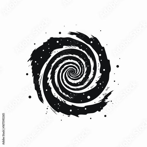 Abstract cosmic vortex in black and white vector space silhouette