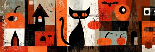 Wallpaper Mural Halloween-themed artwork featuring a black cat, pumpkins, and a spooky house. Torontodigital.ca