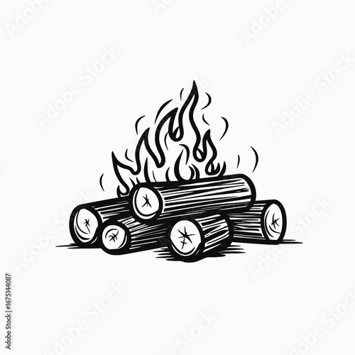 Rustic bonfire flames with wood logs graphic vector design silhouette