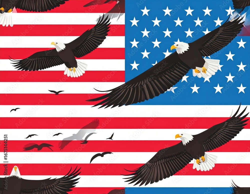 Fototapeta premium Majestic Bald Eagles Soaring Above the American Flag us background
