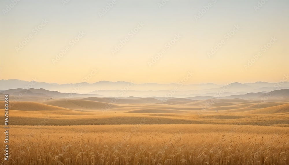 Obraz premium Golden Wheat Field With Distant Mountains Under Warm Light