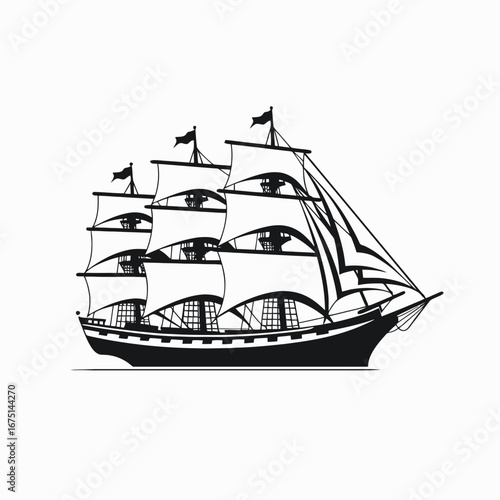 Vintage galleon ship sailing across the ocean, black and white silhouette