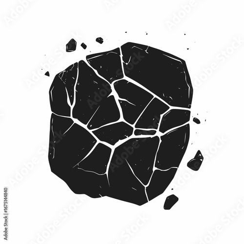 Dramatic cracked rock destruction illustration graphic object with shards in silhouette