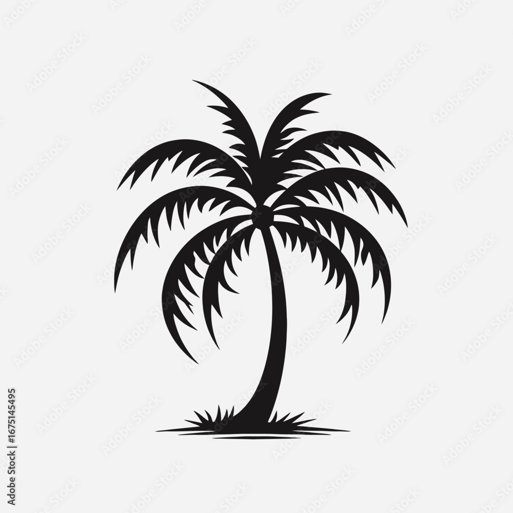 Fototapeta premium Bold tropical palm tree rendering on simple white background silhouette