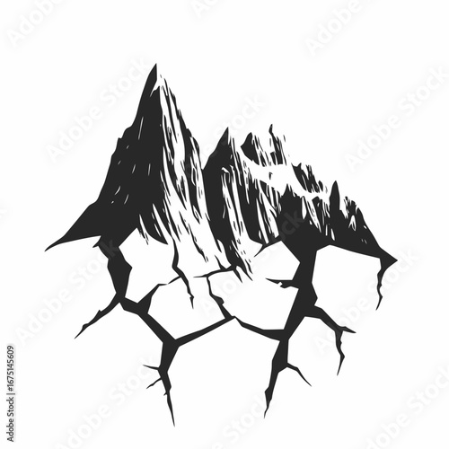 Majestic mountains with cracked ground displayed as a bold vector silhouette