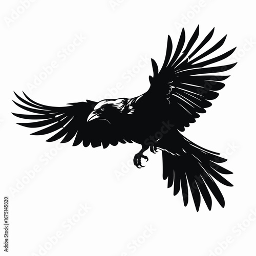 Majestic raven spreads wings, embracing power in a graphic silhouette