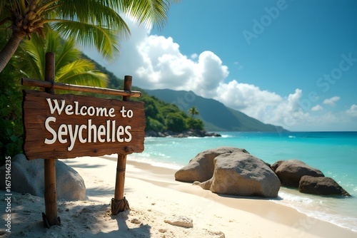 Fototapeta Naklejka Na Ścianę i Meble -  Welcome to Seychelles – beachside bamboo sign on Anse Source d’Argent with granite boulders, cinematic 4K.
