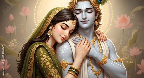 Devotional embrace Radha Krishna sharing tender loving moments serene atmosphere