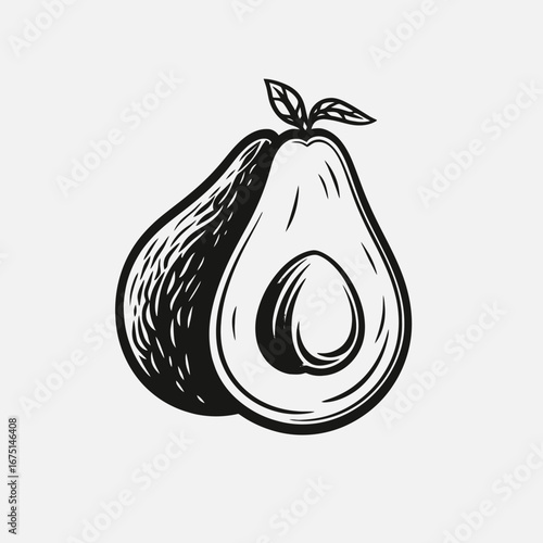 Elegant halved avocado illustration, ripe freshness, vector graphic silhouette