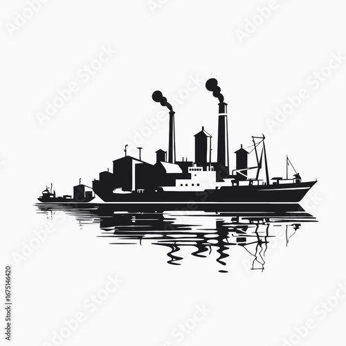 Industrial landscape with ship and smoke stacks in black silhouette