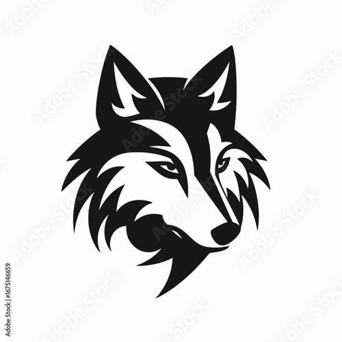 Strong black stylized wolf head with determined gaze, fierce silhouette