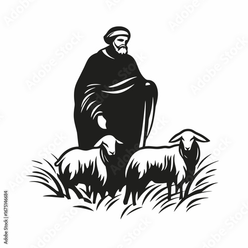 Shepherd watches over his flock of sheep vector graphic silhouette