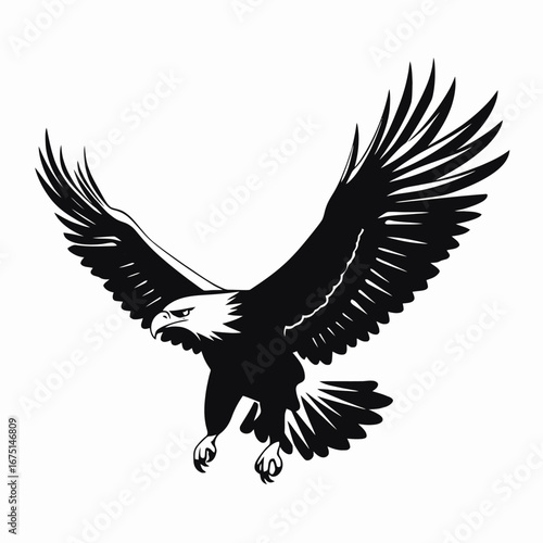 Striking bald eagle wings spread in strong black symbolic silhouette