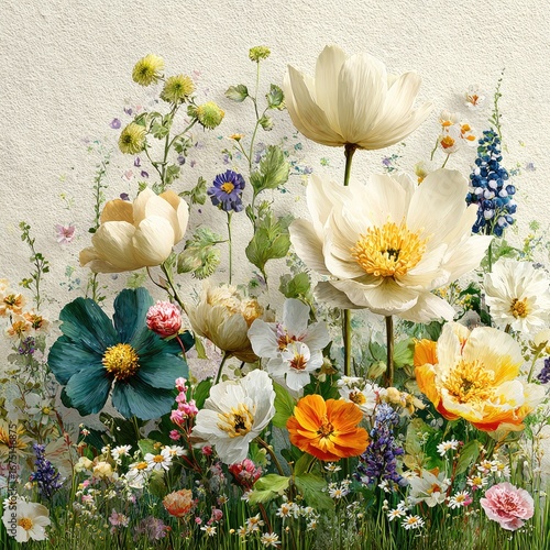 Floral profusion, soft pastels,  lush garden