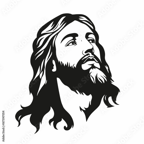 Contemplative Jesus Christ head looking up in black artistic silhouette