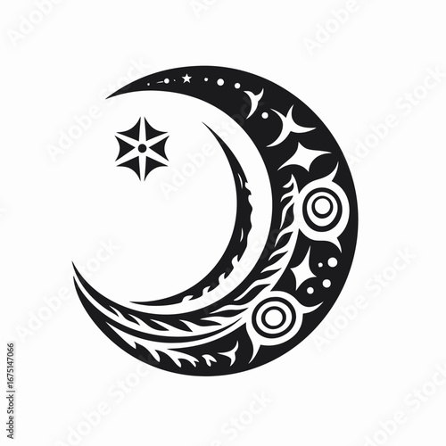 Ornate crescent moon design with star and decorative elements silhouette