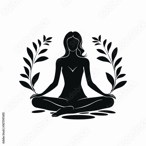Serene woman meditating amidst botanical elements rendered as a yoga silhouette