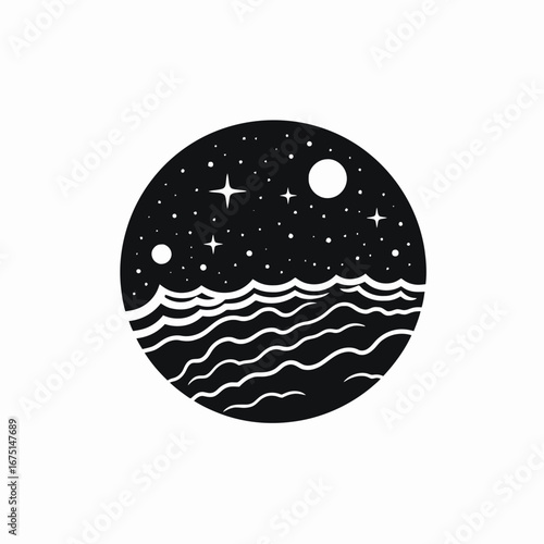 Minimalist night ocean waves, stars, and moon dreamy black silhouette