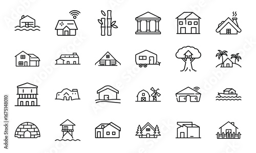 House and Home Outline Icons Set – Cottage, Villa, Cabin, Igloo, Farmhouse, Beach House, Bamboo House, Modern Apartment, Barn, Treehouse, Caravan, Vacation Home, Suburban House, Traditional Building, 